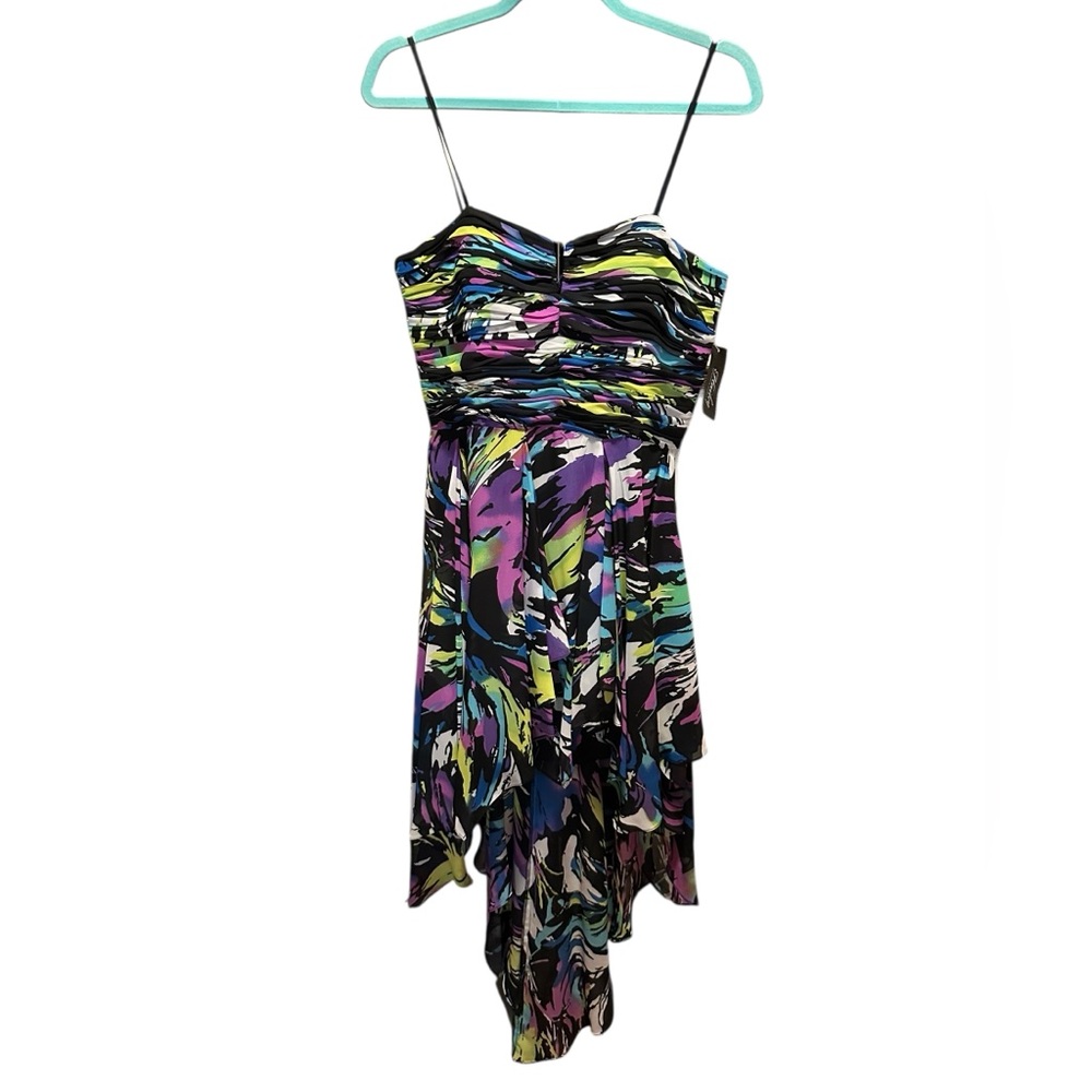 Adrianna Papell Black Multicolor Abstract Asymmetrical Spaghetti Strap Dress